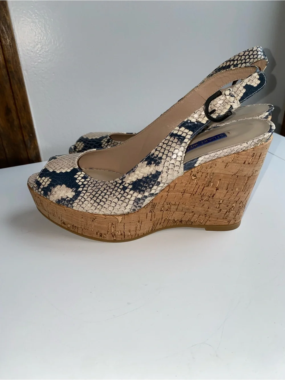 NEW Stuart Weitzman Snakeskin Cork Wedge Platform Sling backs, Size 5.5